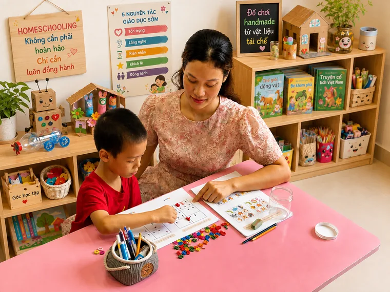 Mẹ và con cùng làm worksheet tại góc học tập ở nhà